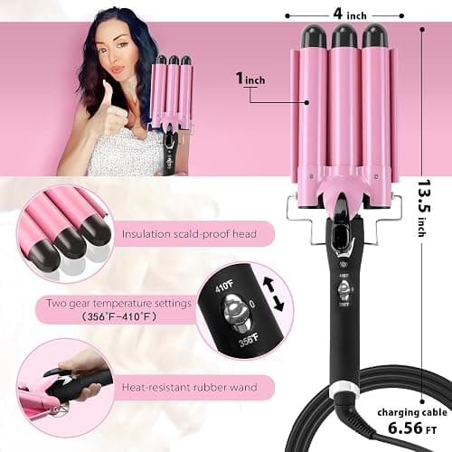 3 Barrel Curling Iron Hair Crimper: Birthday Gifts for Women - Dual Voltage Adjustable Temperature Three Barrels Hair Waver - 1 Inch Ceramic Curler Wand (Pink) thumbnail 5