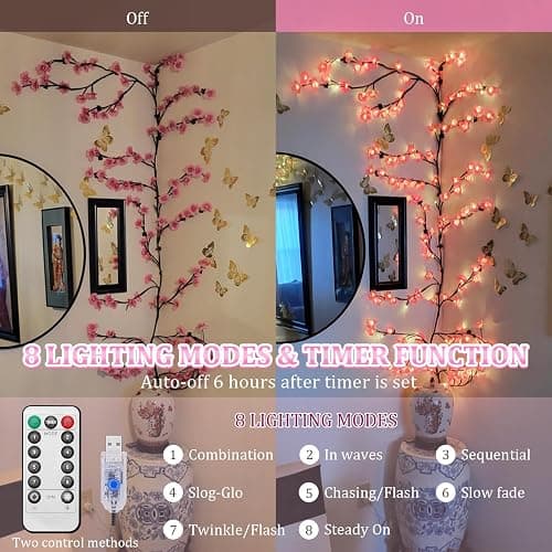 FIALAME 7.55 FT 144 LED Cherry Blossom Tree Branch Lights for Wall,8 Modes Artificial Pink Cherry Blossom Garland with Remote and Timer,Willow Vine Lights for Bedroom,Sakura Wall Decor thumbnail 4