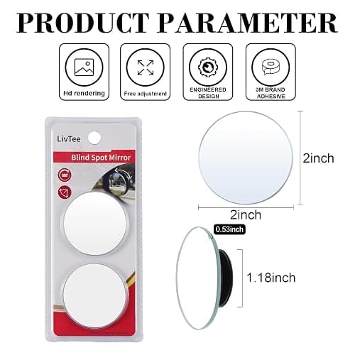 LivTee Blind Spot Mirror, 2" Round HD Glass Frameless Convex Rear View Mirrors Exterior Accessories with Wide Angle Adjustable Stick for Car SUV and Trucks, Pack of 2 thumbnail 3
