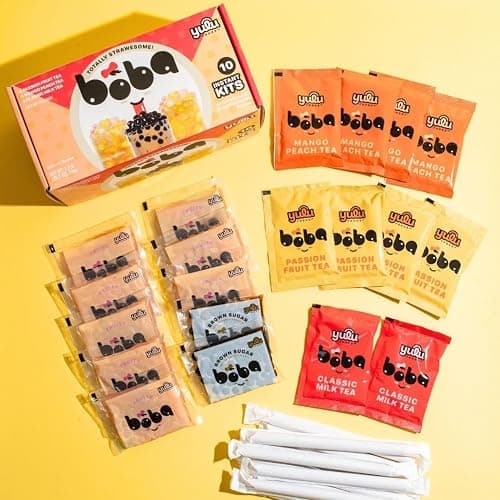Boba Bundle Kit 10 Serv. Instant Bubble Pearl Variety Milk Tea Kit with Authentic Brown Sugar Tapioca Pearls by Yulu Foods - Ready in Under 1 Minute, Includes Paper Straws - Gift Box, Holiday (Classic, Mango Peach, Passionfruit) thumbnail 4