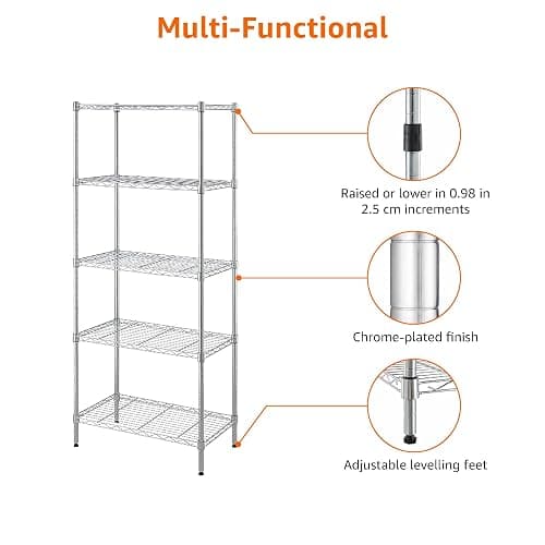Amazon Basics Unidad de almacenamiento estrecha de 5 baldas con estantes ajustables en altura y patas niveladoras, peso máximo de 453 kg, Cromado, 34 cm x 58.9 cm x 152.5 cm (D x W x H) thumbnail 7