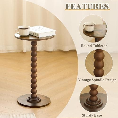 Fultyle Round Side Table, Small Drink Table for Small Spaces, Modern Accent Nightstand with Solid Wood Leg for Living Room, Bedroom, Corners, and Office (Rustic Brown) thumbnail 4