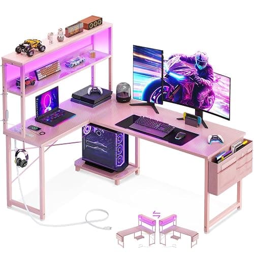 AODK L Shaped Desk Gaming Desk with LED Light & Power Outlet, 53 Inch Reversible L Shaped Computer Table with Shelf & Storage Bag & Hook for Home Office, Pink - Image 1