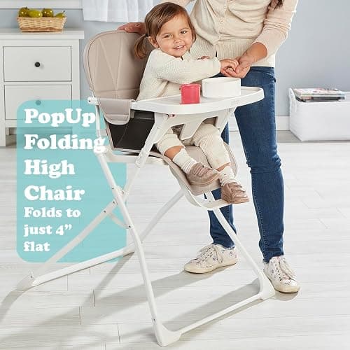 Primo PopUp Folding High Chair for Baby Age 6 to 36 Months - Taupe Folding Beach Style High Chair with Removable Dishwasher Safe Tray, 3pt Safety Harness, Leatherette Seat - Space Saving Design thumbnail 5