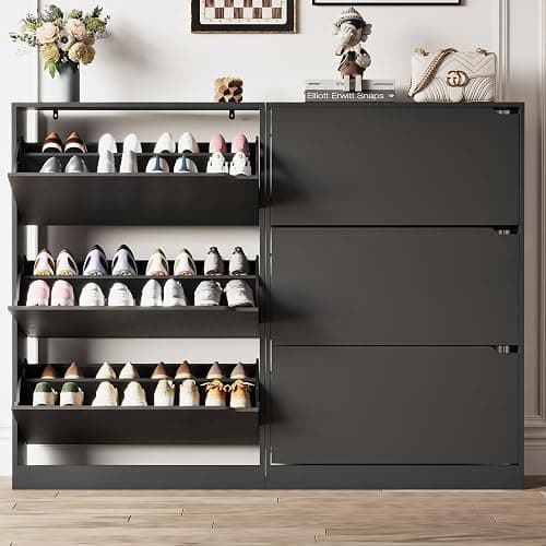 Xixini Shoe Storage Cabinet for Entryway with 3 Flip Drawers, Sturdy Wood Hidden Shoe Storage, Freestanding Narrow Slim Shoe Organizer for Front Door Entrance, Living Room, Hallway, Bedroom, Black thumbnail 8