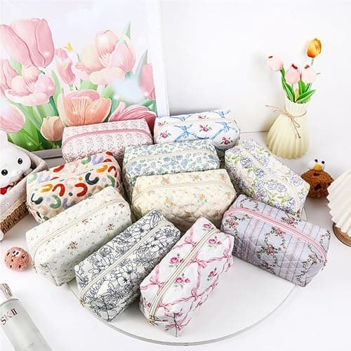 Makeup Bag Quilted,Cotton Cosmetic Pouch,Large Make Up Bag for Women,Cute Flower Travel Toiletry Bag Organizer Portable for Purse,Floral Pink thumbnail 6