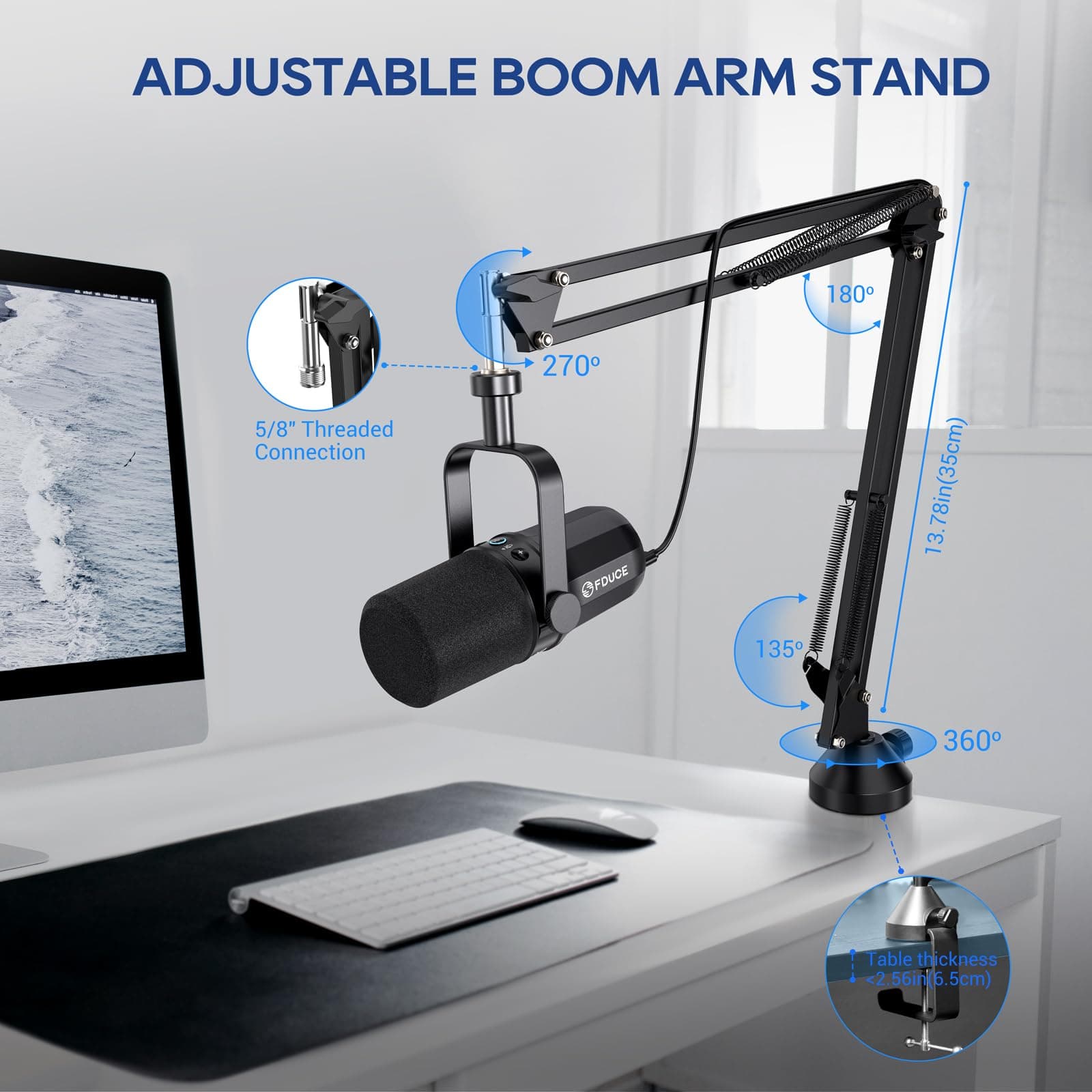 FDUCE Dynamic Microphone, XLR/USB Podcast Recording PC Microphone for Vocal Voice-Over Streaming, Studio Metal Mic with Mute, Headphone Jack, Monitoring Volume Control, with Boom Arm (SL40+) thumbnail 8