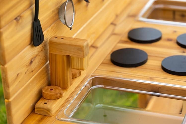 Noble Toys XL Cedar Outdoor Mud Kitchen Centered with Backsplash and Stovetop for Toddlers Kids | Pretend Play Table | Sensory Table | Outside Playset | Real Wooden Kitchens | Preschool Equipment thumbnail 3