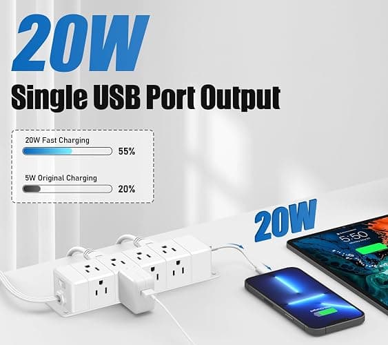 ANNQUAN 40W Fast Charging Under Desk Power Strip,12 Outlet Mountable Power Strip with 4 USB,1200J Surge Protection,6FT Flat Extension Cord thumbnail 2