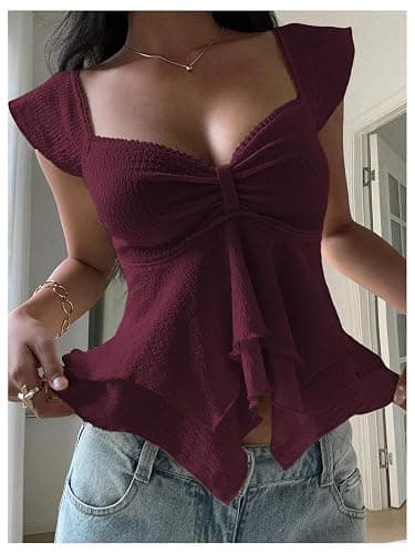 RoseSeek Women's Flowy Going Out Tank Top Sweetheart Neck Cap Sleeve Summer Ruffle Elegant Crop Tops thumbnail 6