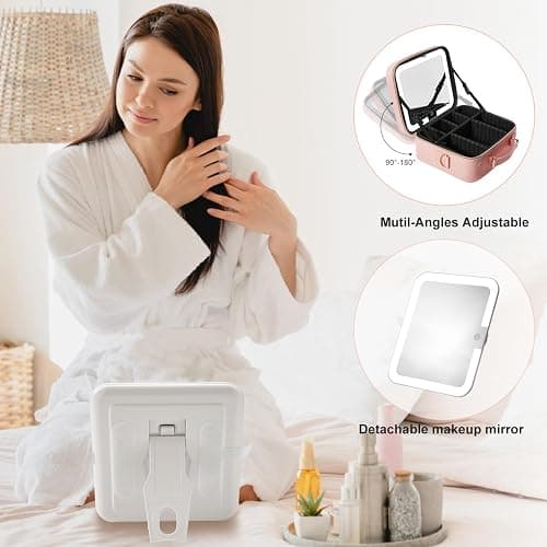 Mocado Travel Makeup Bag with LED Lighted Mirror,Travel Makeup Organizer,Makeup Case with 8 Makeup Brushes and 10x Magnifying Mirror,3 Colors Lighting, Adjustable Dividers Makeup Box(Pink) thumbnail 6