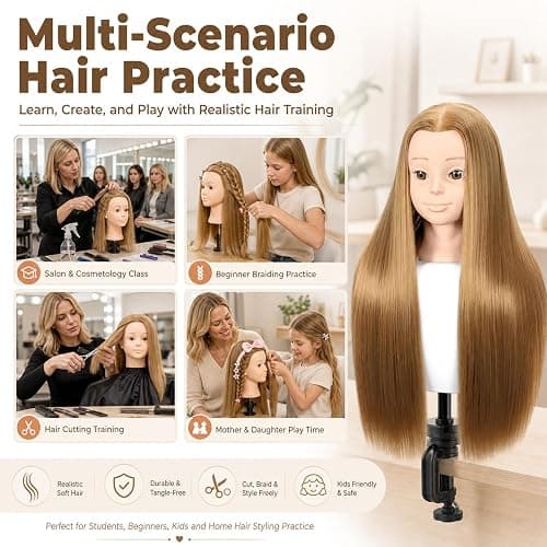 Headdoll 26"-28" Mannequin Head Styling Mannequin Head for Hair Styling and Free Table Stand Training Head Manikin Cosmetology Doll Head with Long Fiber Hair Hairdresser Practice Head for Stylist thumbnail 5