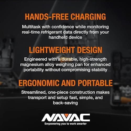 NAVAC NRS2i01 Wireless Refrigerant Scale | Bluetooth Handheld Display | 220 lbs Capacity | Lightweight Magnesium Alloy Weighing Pan | Precise Measurements | 1 Year Warranty thumbnail 4
