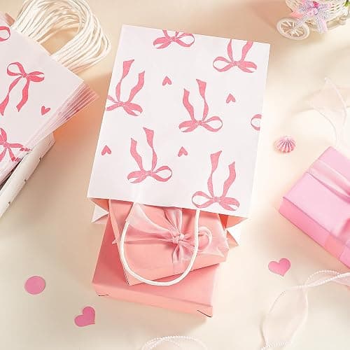 Loveinside Light Pink Bow Paper Gift Bags, Bow Ribbon and Heart Design with Handles Grocery Shopping Bags Candy Goodie Bags for Baby Shower, Birthday, Wedding, Anniversary, 8" x 4" x 10", 12 Pcs thumbnail 5