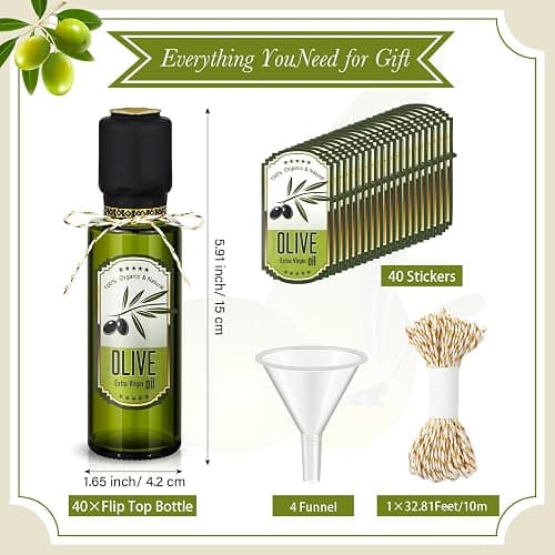 Reallnaive 40 Pcs 4 oz Mini Glass Olive Oil Bottles Empty Sauce Condiment Bottles with Dropper Inserts and Sticker Seals Caps for Gifts Kitchen (Olive Pattern,Dark Green) thumbnail 3