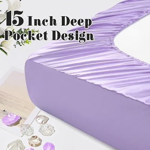 Homiest Ruffled Satin Sheets Queen Size 6pc Set, Lavender Purple Silk-Like | Silky Smooth With Pearlescent Finish, 15-Inch Deep Pocket With Ruffled Pillowcases, Gentle On Hair And Skin, Anti-Pilling thumbnail 7