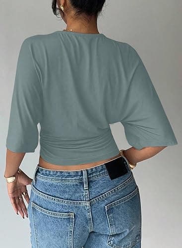LOLONG Womens Crew Neck Half Sleeve Ruched Shirts Summer 2026 Casual Cinched Waist Crop Tops thumbnail 5