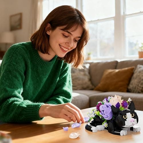 Tuxedo Cat Rose Bouquet Succulent Planter Building Blocks,Compatible with Lego Tuxedo Cat Flowers Pot,Creative Plants and Animals Decoration Rose Blocks Toys,Gifts for 18+ Girls,Mothers Day(824pcs) thumbnail 6