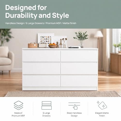 Spaco White 6 Drawer Dresser for Bedroom,48'' Modern Dresser with Deep Drawer,Wide Storage Chest of Drawers,Bedroom Storage Organizer Furniture,TV Stand for Living Room thumbnail 8