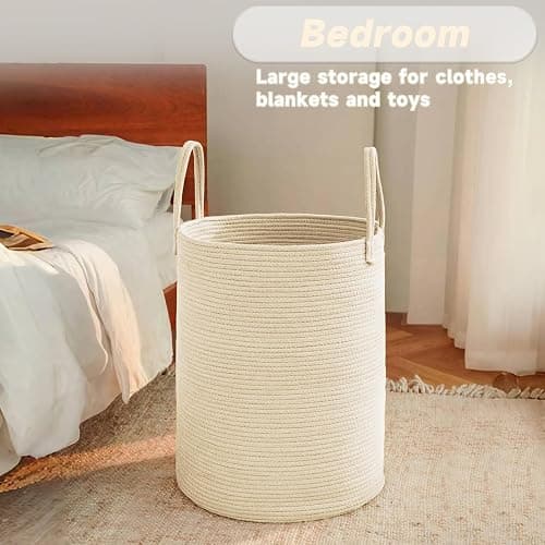 JMvicyroam Large Woven Laundry Basket Hamper,60L Cotton Rope Storage Bin for Blankets,Toys and Clothes,Decorative Tall Nursery Hamper for Living Room,Baby Nursery,Bathroom and Bedroom,Beige thumbnail 4
