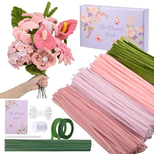 LansinLife 400 Pcs Pipe Cleaners Craft Set, 4 Assorted Pink Pipe Cleaners Bulk, Chenille Stems for DIY Flower Making Kit with Floral Stems, Gardening Tape, Stamen, Ribbon for DIY Bouquet Gift (Pink) - Image 1