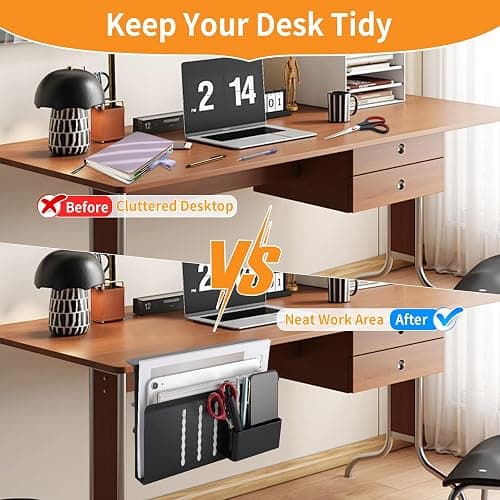 Henitol Desk Side Storage with Pen Holder, No Drill Hanging Desk Organizer Under Desk Storage Mount, Clamp-On Laptop Holder Table Side Tray Desktop Organization for Office and Home (Black) thumbnail 4