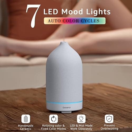 Gooamp 200ML Ceramic Diffuser,Aromatherapy Diffuser,Essential Oil Diffuser with 7 Color Lights Auto Shut Off for Home Office Room, White Base (1/3/6/ON hrs Working time) thumbnail 3
