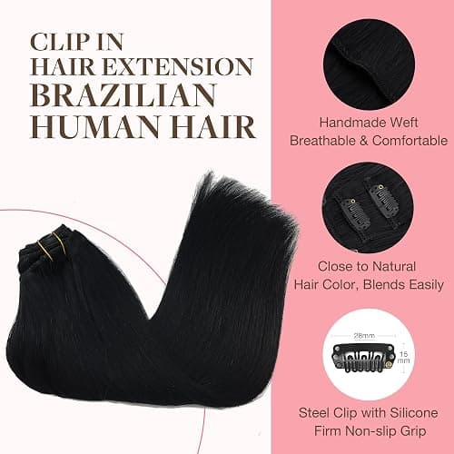 GOO GOO Clip in Hair Extensions Real Human Hair, Remy Human Hair Extensions Clip ins for Women, Natural Human Hair, 24inch 120g 7Pcs, 1 Jet black thumbnail 3