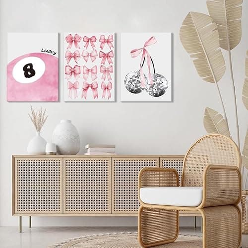 Trendy Pink Bows Wall Art Set of 3 Coquette Preppy Cherry Wall Decor Light Pink Cute Girly Lucky 8 Ball Canvas Poster Prints Aesthetic for College Dorm Living Room Bedroom Framed 12x16 Inch thumbnail 7