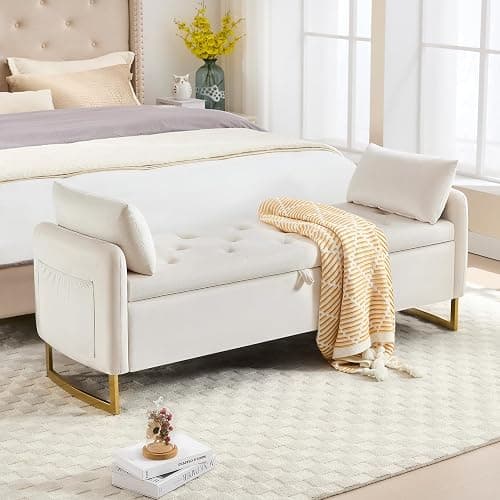HOMYKA 65" Storage Ottoman Bench, Velvet Storage Bench for Bedroom, End of Bed Storage Bench with Tufted Upholstered and Gold Legs, Bedroom Benches with Arms for Living Room Window and Entryway Beige - Image 1