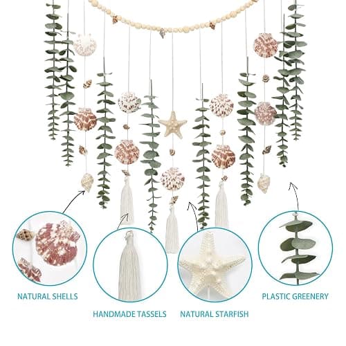 Artificial Eucalyptus Wall Decor with Seashell Coastal Decor Natural Home Decorations Hanging Wooden Bead Garland for Large Bedroom Bathroom Living Room, 32 x 32 Inch thumbnail 3
