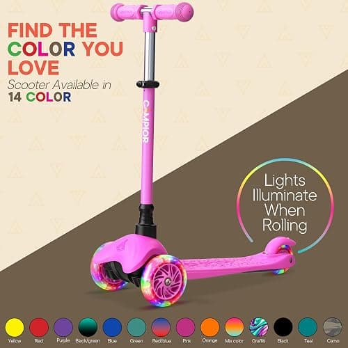Campior Pink Mini 3 Wheel Scooter for Kids – Lean-to-Steer with LED Light-Up Wheels, Adjustable Handlebar, Wide Anti-Slip Deck, Smooth PU Wheels, Rear Foot Brake – Toddler Scooter for Ages 2+ - Pink thumbnail 7