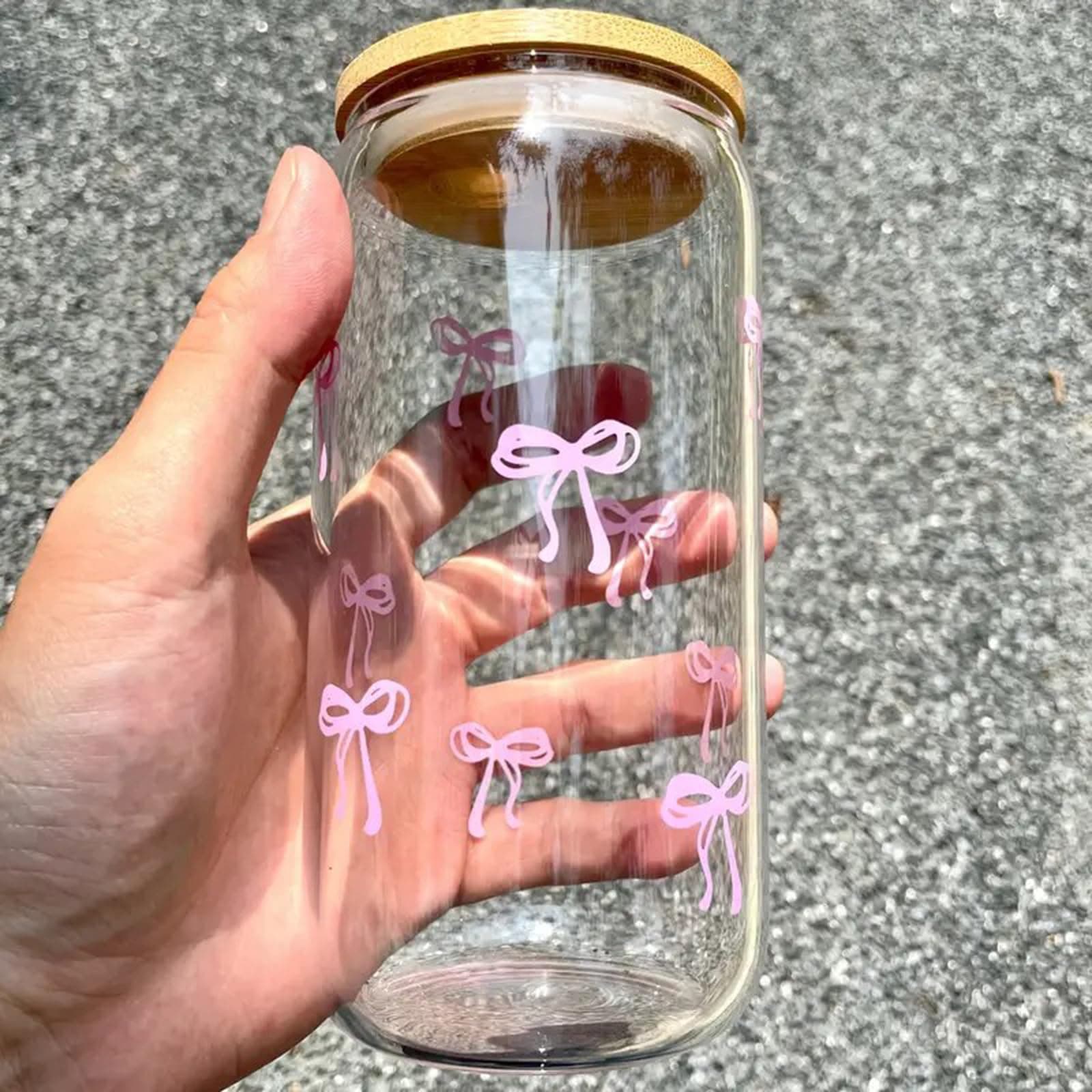 Pink Bow Tumbler with Straw and Lid Aesthetic Glass Cups Iced Coffee Cup Pink Cute Glass Cups 17oz Tumbler Smoothie, Gifts for Girls Women Friends, 520ml thumbnail 6