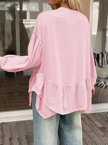 Tankaneo Womens Oversized Tops Peplum Puff Long Sleeve Shirts Trendy Casual Loose Fit Crew Neck Tunic Shirts thumbnail 7