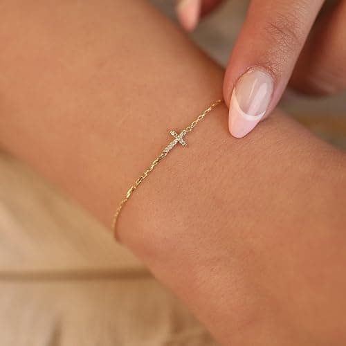 Gold Bracelets for Women,Dainty Gold Cross Bracelet 14K Gold Plated Beaded Bracelets for Women Trendy Bracelet Stack Pearl Bracelet Set Waterproof Chain Bracelet Gold Jewelry for Women Baptism Gifts thumbnail 6
