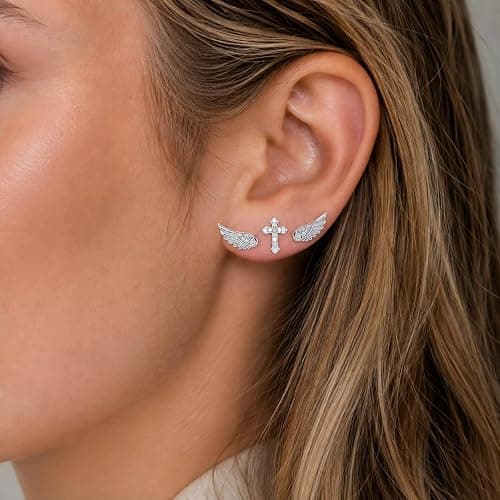 Goth Angle Wing Earrings Silver Flat Back Hypoallergenic Women Studs | Stainless Steel Cartilage Helix Piercing Small Y2k Cute Trendy Jewelry thumbnail 3