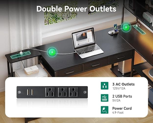 AODK 79 inch L Shaped Desk with 5 Drawers, Reversible L Shaped Gaming Desk with LED Light & 2 Power Outlets, Computer Desk with Storage Shelves for Home Office, Black - Black - 79 inch thumbnail 6