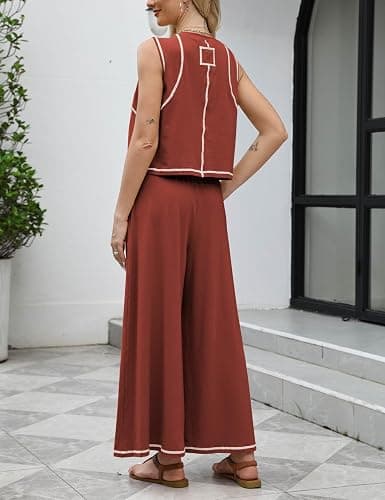 Ynhonra Women’s 2 Piece Lounge Set Sleeveless Tank Top & Wide Leg Pants Contrast Trim Relaxed Casual Matching Outfit thumbnail 2
