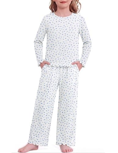 Arshiner Toddler Girl Clothes Fall Outfit Ribbed Lettuce Trim Tops Pant Set | for 2-10 Years Kids, 2 Piece, Long Sleeve, Crew Neck, Floral Wide Leg Pants Sets, Cute Casual Fashion Outfit - Image 1