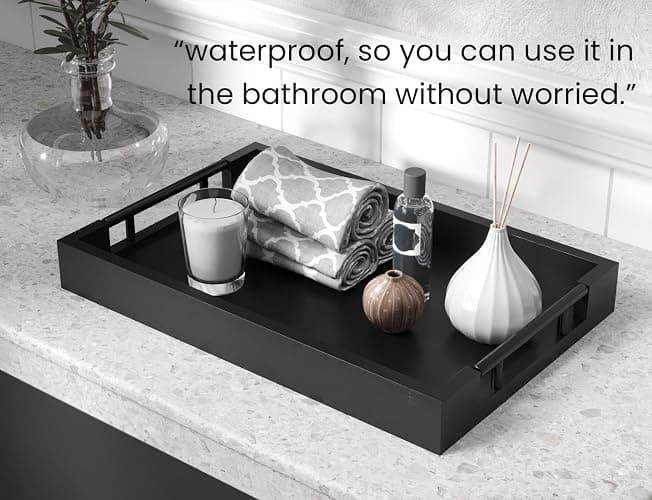 Fibogollo Bamboo Serving Tray with Metal Handles,15x10in Ottoman Decorative Trays Platter for Coffee Table,Living Room,Bar,Party,Medium(Black) thumbnail 5