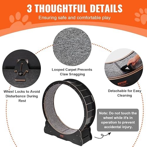 VEVOR Cat Exercise Wheel, 43.3" Large Cat Treadmill for Indoor Pets, Running Wheel with Detachable Carpet & Cats Teaser Toy for Running/Walking/Training, Suitable for Most Cats Black thumbnail 6