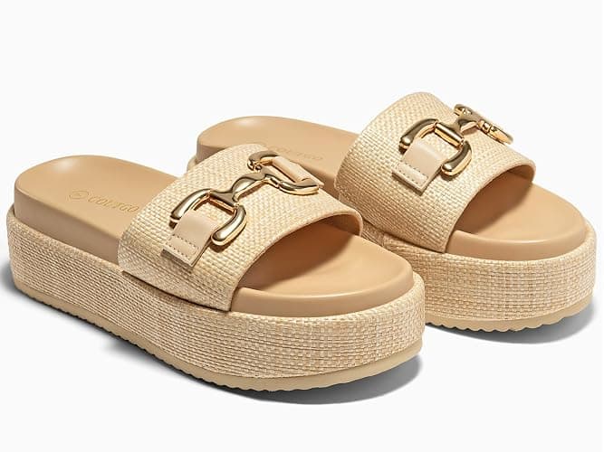 Coutgo Womens Platform Sandals Raffia Espadrilles Metal Chain Slip on Open Toe Cute Beach Slide Sandals thumbnail 5