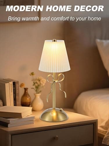 CryzhalinX Cordless Table Lamp,Small Desk Lamp with 3 Color,Touch Dimmable Bedsdie Lamps,Bow Lamp with Fabric Shade,LED Night Light for Girls Room Princess Room Decor(Gold) thumbnail 7
