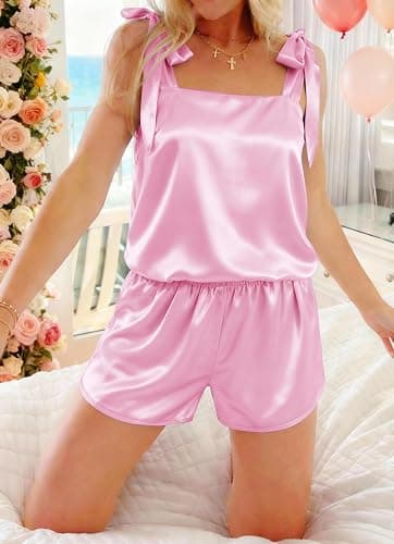 Ekouaer Womens Silk Pajama Set Bow Tie Knot Tank Top Satin Pjs Sets for Bridal Party 2 Piece Cami Shorts Sleepwear S-XXL thumbnail 3