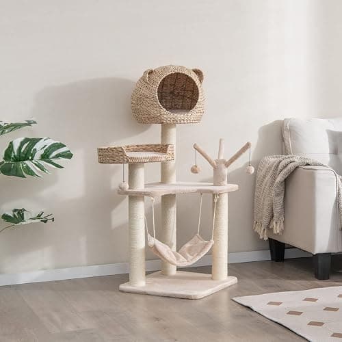 Tangkula Modern Cat Tree Tower, Multi-Level Tall Activity Center with Natural Sisal Scratching Posts, Hammock, Hand-Made Cattail Cute Condo with Funny Toy Balls thumbnail 3