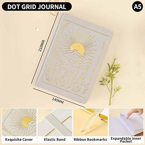 Crein Lynh Dot Grid Journal with 160GSM Thick Paper, 192 Pages, A5 Dotted Notebook for Work, School, Travel | 180° Lay Flat, Foil Stamped Cover, Elastic Band, 2 Bookmarks & Inner Pocket (White) thumbnail 3