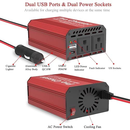 Pro Chaser 400W Power Inverters for Vehicles - DC 12v to 110v AC Car Inverter Converter, USB-A, PD 65W USB-C Ports, Dual AC Adapter for Air Compressor Laptops thumbnail 6