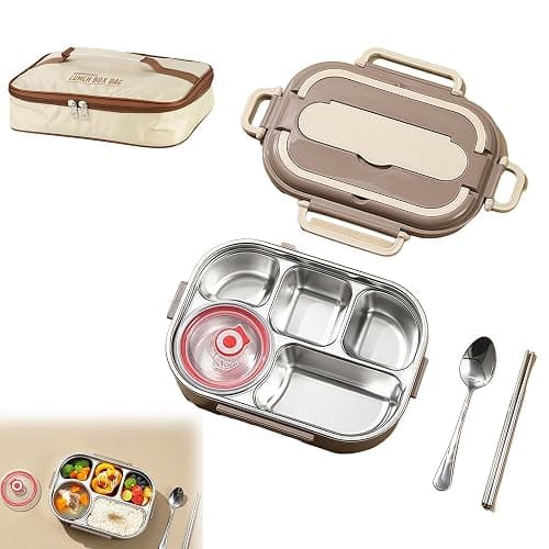 Adult Lunch Box Set, Five Compartments, Stainless Steel Construction, Easy to Clean, Heats Food by Adding Hot Water. - Image 1