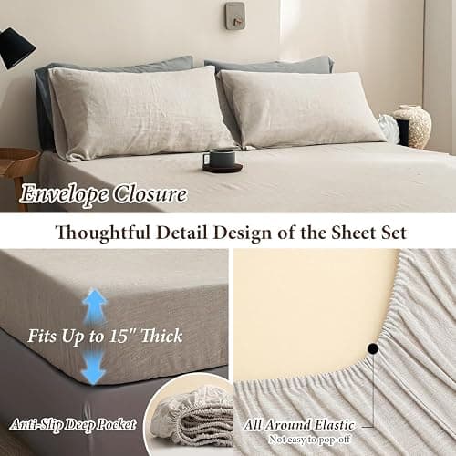Simple&Opulence 100% Linen Sheets Queen Size Set, 4 Pcs Natural French Linen Bed Sheets, Breathable Soft Durable Bedding Set for All Season (Linen, Queen) thumbnail 4