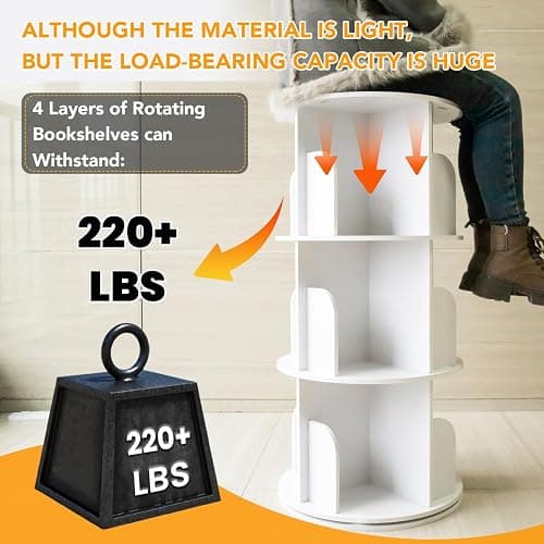 RUNSUNSPRI 4 Tier Rotating Bookshelf Tower, Spinning Bookshelf, Revolving 360° Bookcase Storage Round Carousel, Vertical Rotate Turning Spiral Corner Organizer Lazy Susan, White thumbnail 5